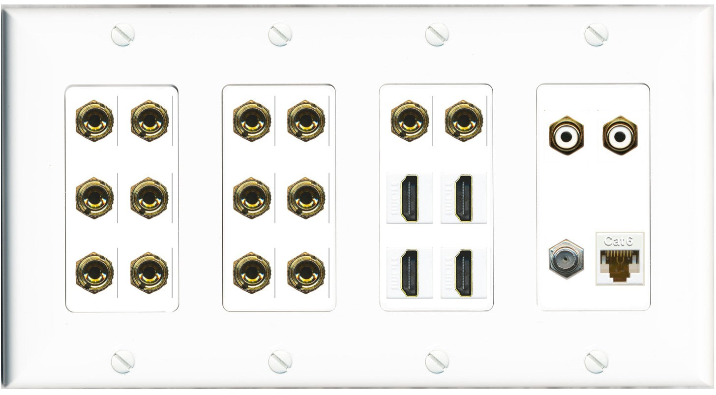 RiteAV 7.2 Surround Sound 7 Speaker 14 Banana Plug Jack Wall Plate w/ 2 RCA Subwoofer + 4 HDMI + 1 x Coax Cat6 Jacks - 4 Gang [White]
