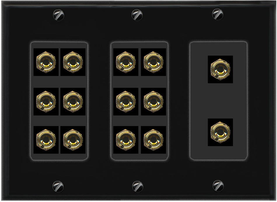RiteAV 7.0 Surround Sound 7 Speaker 14 Banana Plug Jack Wall Plate Female Connectors - 3 Gang [Black]
