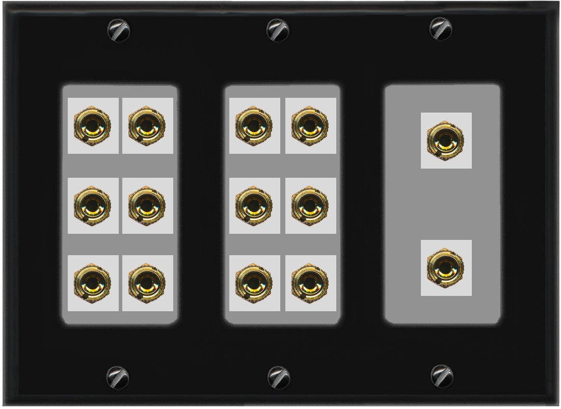 RiteAV 7.0 Surround Sound 7 Speaker 14 Banana Plug Jack Wall Plate Female Connectors - 3 Gang [Black/Gray]