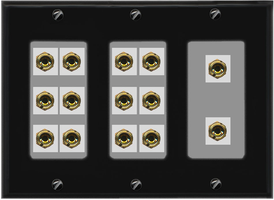 RiteAV 7.0 Surround Sound 7 Speaker 14 Banana Plug Jack Wall Plate Female Connectors - 3 Gang [Black/Gray]