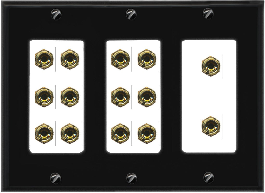 RiteAV 7.0 Surround Sound 7 Speaker 14 Banana Plug Jack Wall Plate Female Connectors - 3 Gang [Black/White]