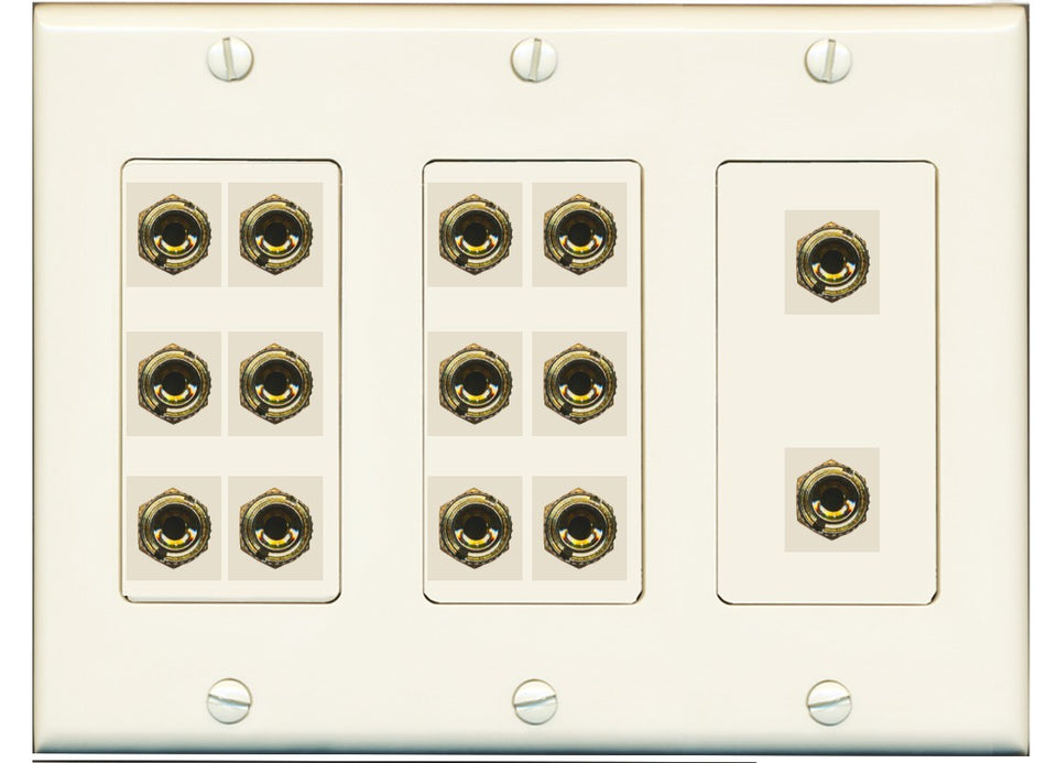 RiteAV 7.0 Surround Sound 7 Speaker 14 Banana Plug Jack Wall Plate Female Connectors - 3 Gang [Light Almond]