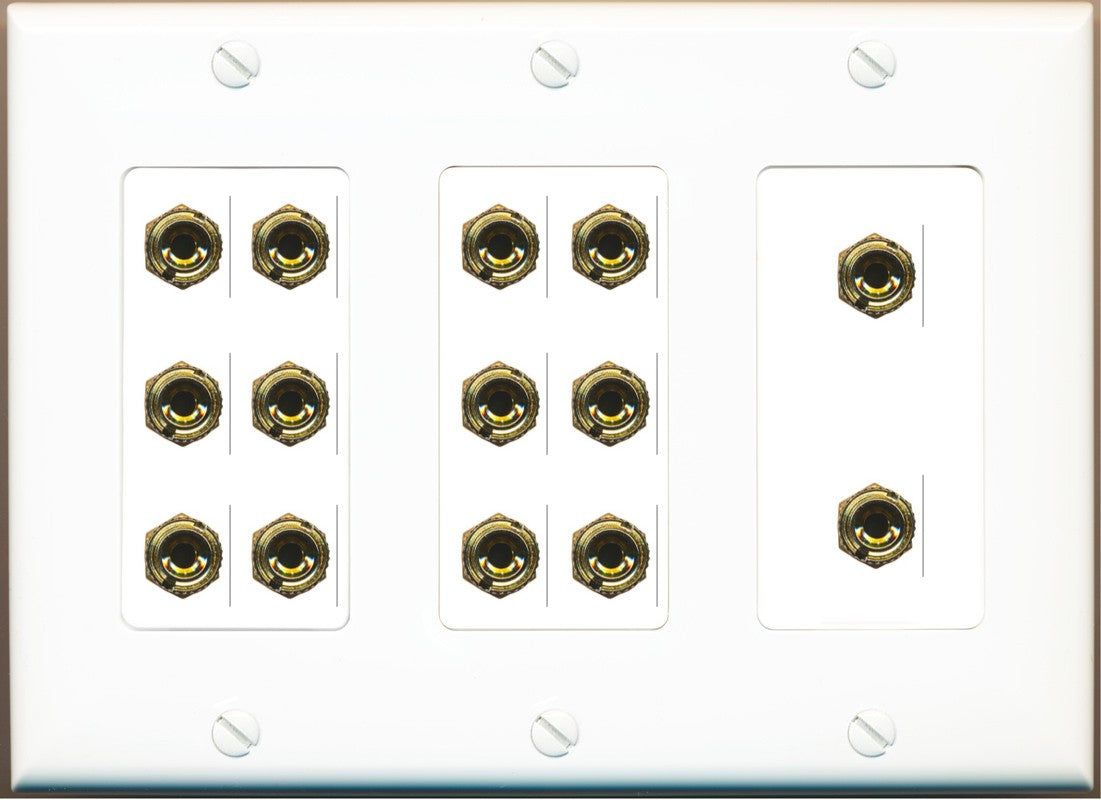 RiteAV 7.0 Surround Sound 7 Speaker 14 Banana Plug Jack Wall Plate Female Connectors - 3 Gang [White]