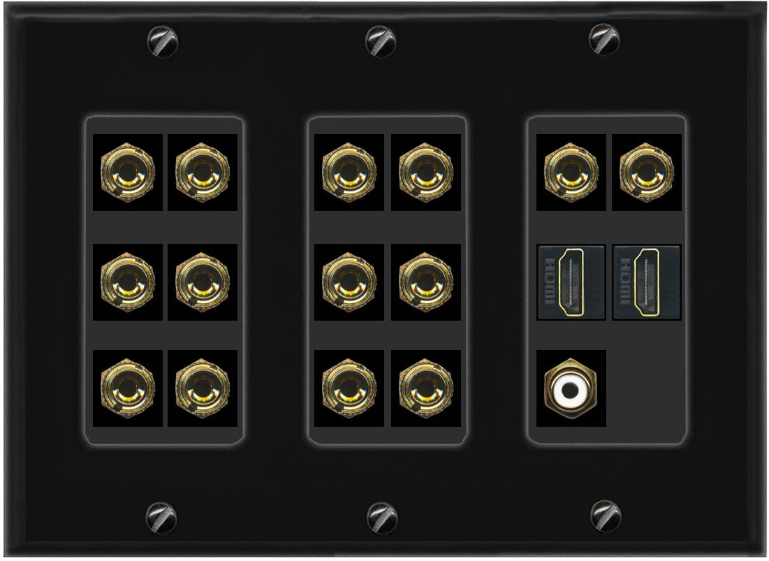RiteAV 7.1 Surround Sound 7 Speaker 14 Banana Plug Jack Wall Plate w/RCA Subwoofer + 2 HDMI Female Connectors - 3 Gang [Black]
