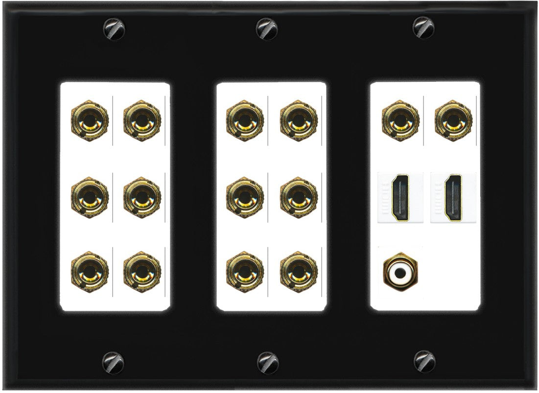 RiteAV 7.1 Surround Sound 7 Speaker 14 Banana Plug Jack Wall Plate w/RCA Subwoofer + 2 HDMI Female Connectors - 3 Gang [Black/White]