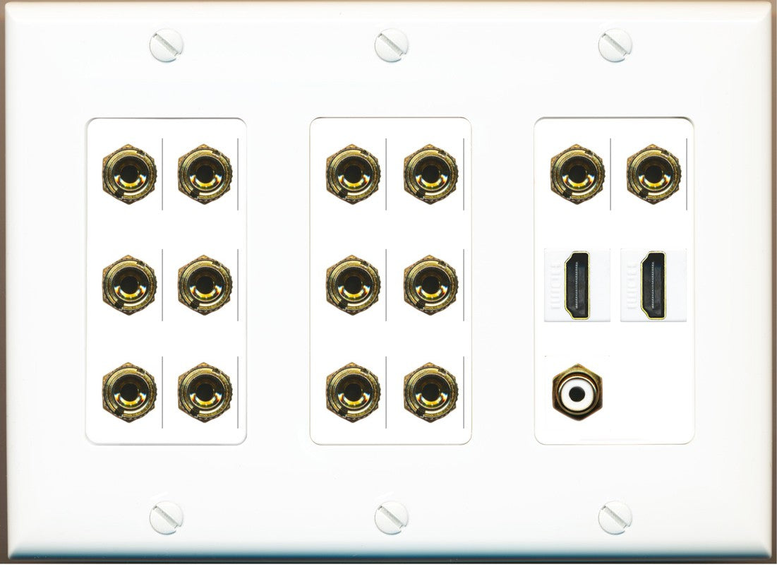 RiteAV 7.1 Surround Sound 7 Speaker 14 Banana Plug Jack Wall Plate w/RCA Subwoofer + 2 HDMI Female Connectors - 3 Gang [White]