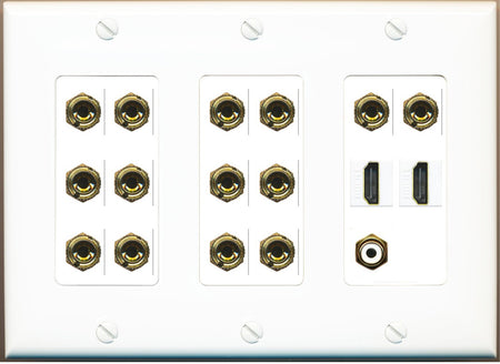 RiteAV 7.1 Surround Sound 7 Speaker 14 Banana Plug Jack Wall Plate w/RCA Subwoofer + 2 HDMI Female Connectors - 3 Gang [White]