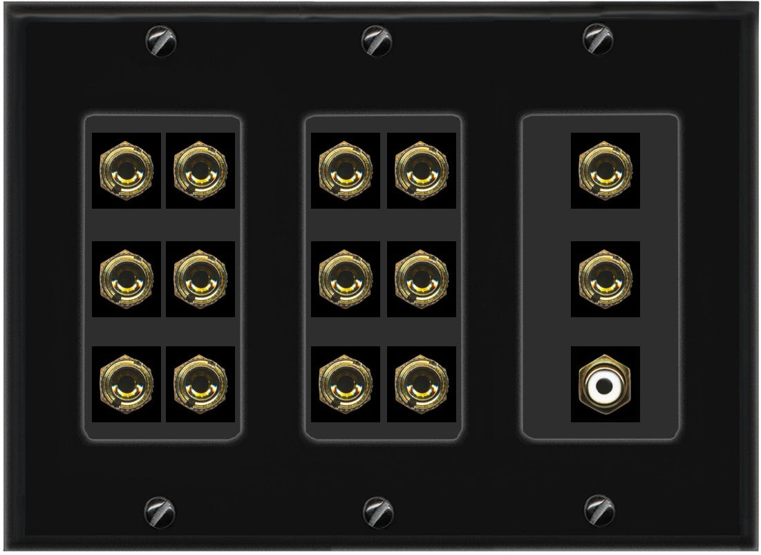 RiteAV 7.1 Surround Sound 7 Speaker 14 Banana Plug Jack Wall Plate w/RCA Subwoofer Female Connector - 3 Gang [Black]