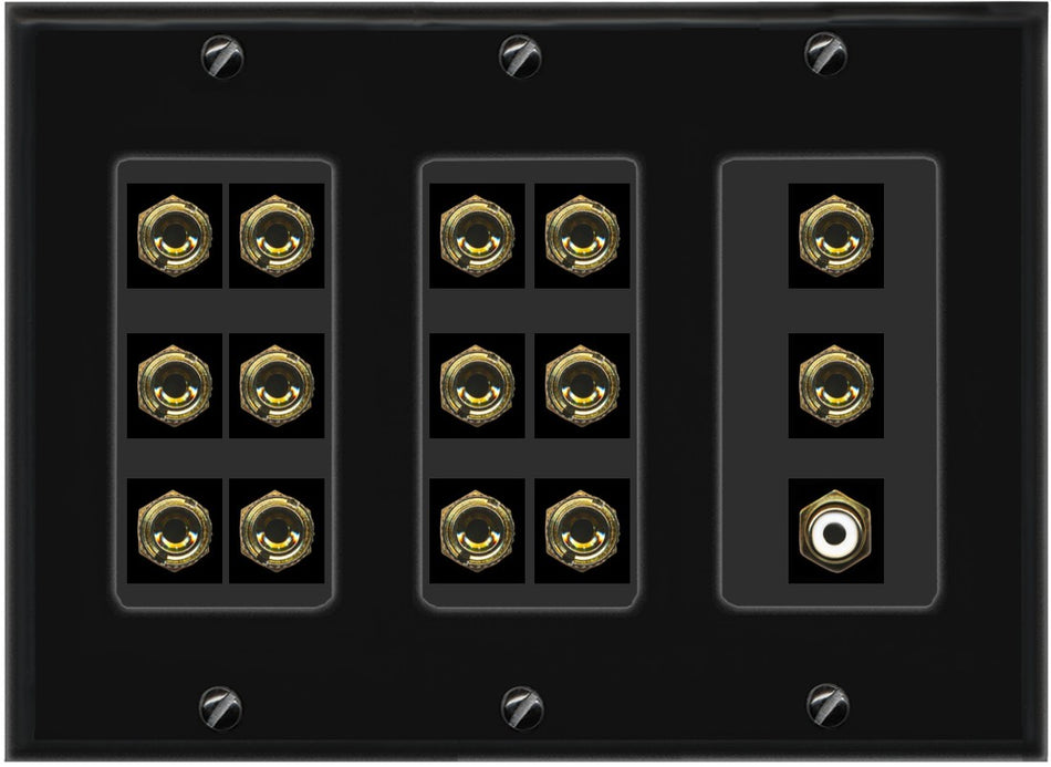RiteAV 7.1 Surround Sound 7 Speaker 14 Banana Plug Jack Wall Plate w/RCA Subwoofer Female Connector - 3 Gang [Black]