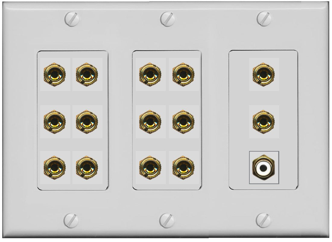 RiteAV 7.1 Surround Sound 7 Speaker 14 Banana Plug Jack Wall Plate w/RCA Subwoofer Female Connector - 3 Gang [Gray]