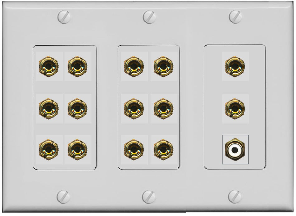 RiteAV 7.1 Surround Sound 7 Speaker 14 Banana Plug Jack Wall Plate w/RCA Subwoofer Female Connector - 3 Gang [Gray]
