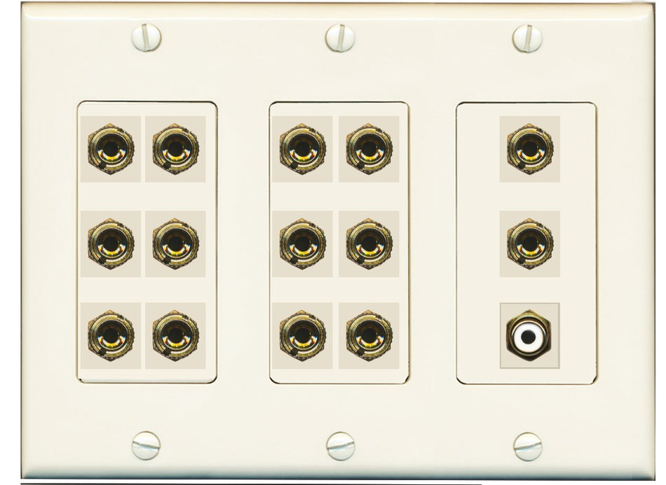 RiteAV 7.1 Surround Sound 7 Speaker 14 Banana Plug Jack Wall Plate w/RCA Subwoofer Female Connector - 3 Gang [Light Almond]