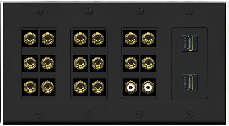 RiteAV 8.2 Surround Sound 8 Speaker 16 Banana Plug Jack Wall Plate w/ 2 RCA Subwoofer + 2 HDMI Female Connectors - 4 Gang [Black]