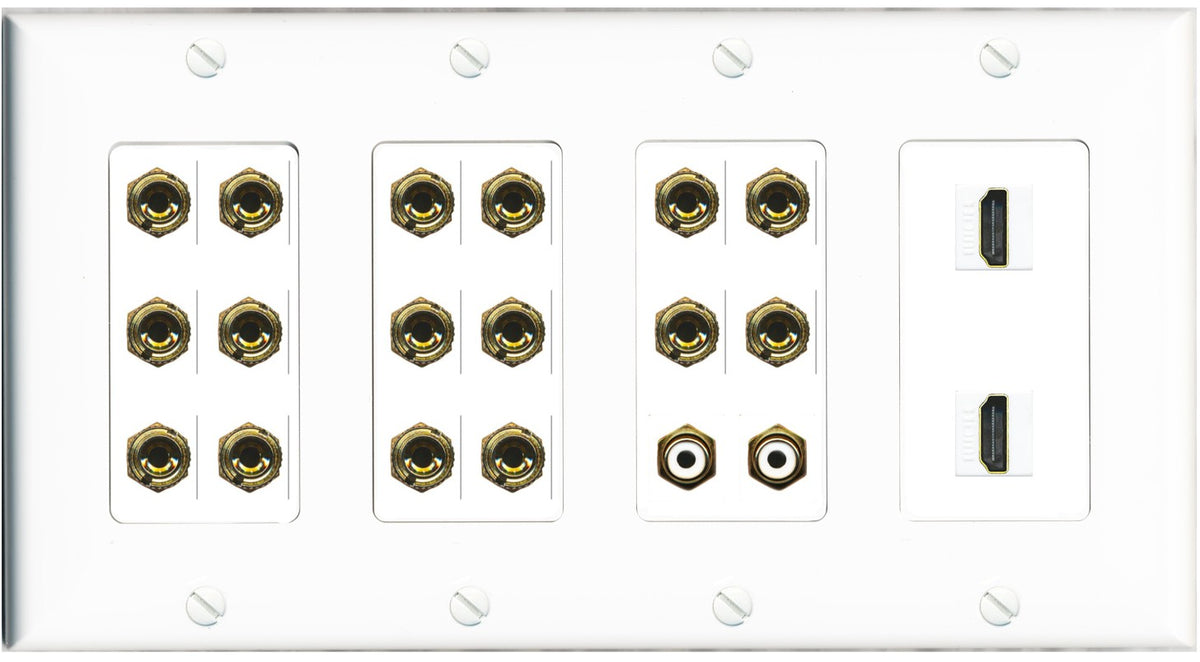 RiteAV 8.2 Surround Sound 8 Speaker 16 Banana Plug Jack Wall Plate w/ 2 RCA Subwoofer + 2 HDMI Female Connectors - 4 Gang [White]