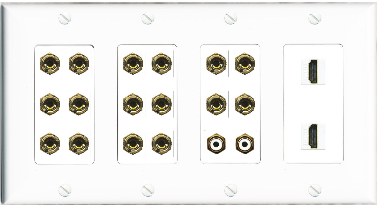 RiteAV 8.2 Surround Sound 8 Speaker 16 Banana Plug Jack Wall Plate w/ 2 RCA Subwoofer + 2 HDMI Female Connectors - 4 Gang [White]