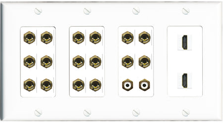 RiteAV 8.2 Surround Sound 8 Speaker 16 Banana Plug Jack Wall Plate w/ 2 RCA Subwoofer + 2 HDMI Female Connectors - 4 Gang [White]