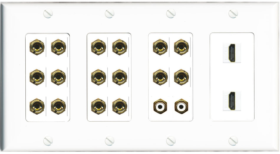 RiteAV 8.2 Surround Sound 8 Speaker 16 Banana Plug Jack Wall Plate w/ 2 RCA Subwoofer + 2 HDMI Female Connectors - 4 Gang [White]