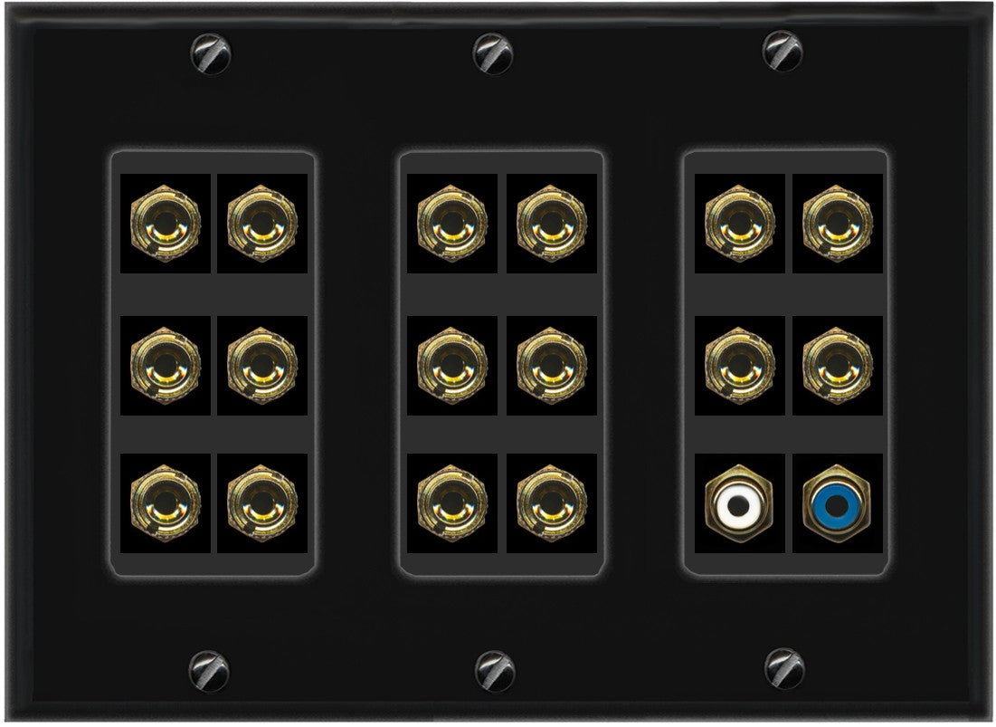 RiteAV 8.1 Surround Sound 8 Speaker 16 Banana Plug Jack Wall Plate w/2 RCA Subwoofer Female Connector - 3 Gang [Black]