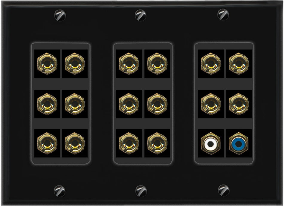 RiteAV 8.1 Surround Sound 8 Speaker 16 Banana Plug Jack Wall Plate w/2 RCA Subwoofer Female Connector - 3 Gang [Black]