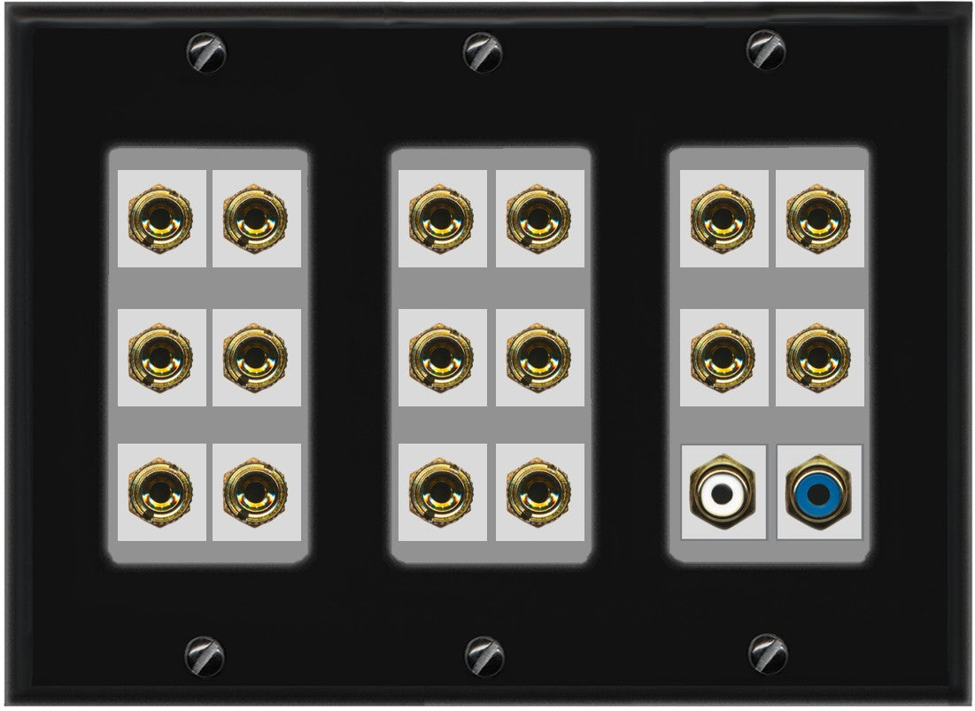 RiteAV 8.1 Surround Sound 8 Speaker 16 Banana Plug Jack Wall Plate w/2 RCA Subwoofer Female Connector - 3 Gang [Black/Gray]