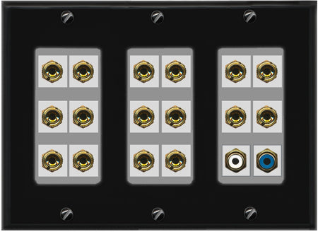 RiteAV 8.1 Surround Sound 8 Speaker 16 Banana Plug Jack Wall Plate w/2 RCA Subwoofer Female Connector - 3 Gang [Black/Gray]