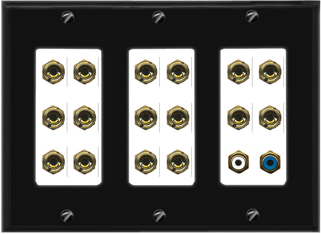 RiteAV 8.1 Surround Sound 8 Speaker 16 Banana Plug Jack Wall Plate w/2 RCA Subwoofer Female Connector - 3 Gang [Black/White]