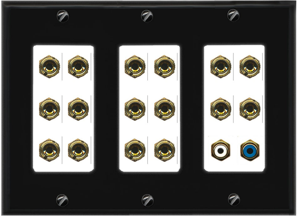 RiteAV 8.1 Surround Sound 8 Speaker 16 Banana Plug Jack Wall Plate w/2 RCA Subwoofer Female Connector - 3 Gang [Black/White]
