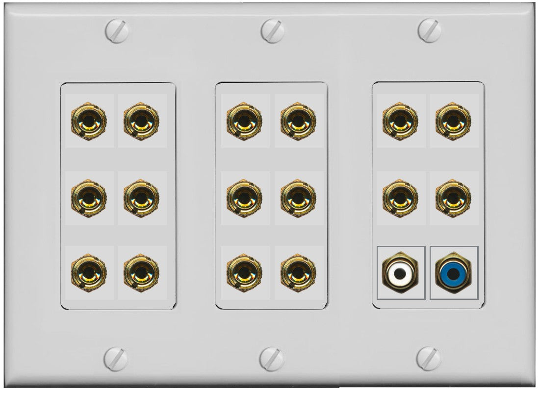 RiteAV 8.1 Surround Sound 8 Speaker 16 Banana Plug Jack Wall Plate w/2 RCA Subwoofer Female Connector - 3 Gang [Gray]