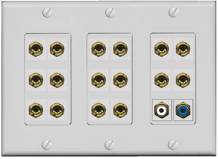 RiteAV 8.1 Surround Sound 8 Speaker 16 Banana Plug Jack Wall Plate w/2 RCA Subwoofer Female Connector - 3 Gang [Gray]