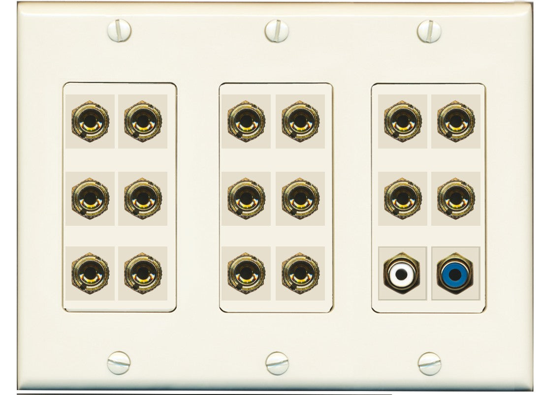 RiteAV 8.1 Surround Sound 8 Speaker 16 Banana Plug Jack Wall Plate w/2 RCA Subwoofer Female Connector - 3 Gang [Light Almond]