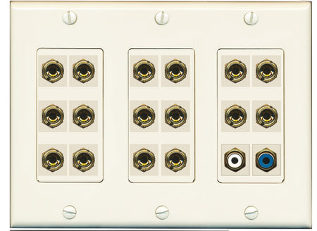 RiteAV 8.1 Surround Sound 8 Speaker 16 Banana Plug Jack Wall Plate w/2 RCA Subwoofer Female Connector - 3 Gang [Light Almond]