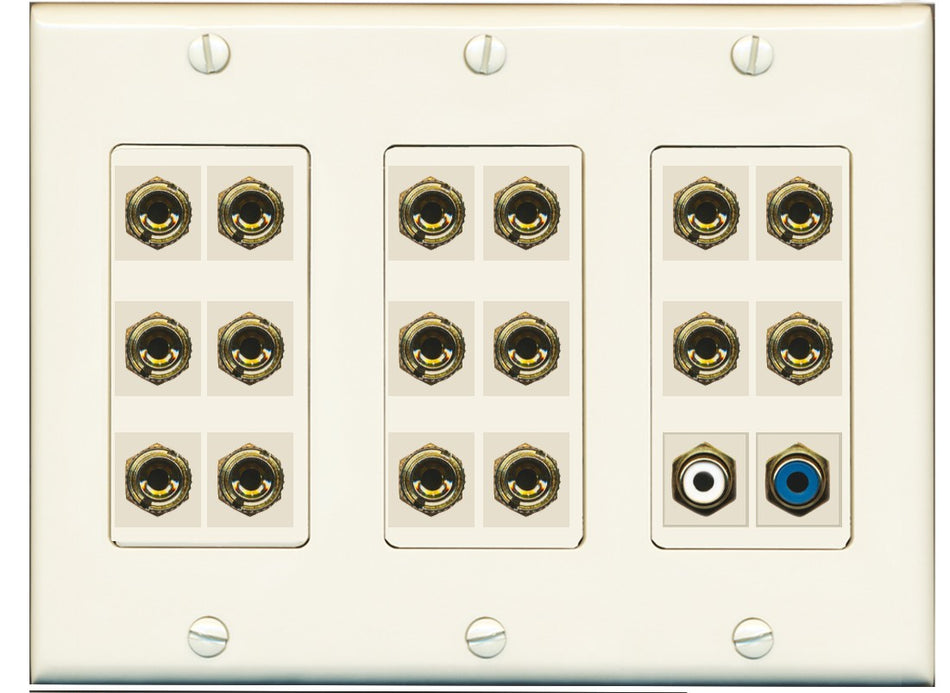 RiteAV 8.1 Surround Sound 8 Speaker 16 Banana Plug Jack Wall Plate w/2 RCA Subwoofer Female Connector - 3 Gang [Light Almond]