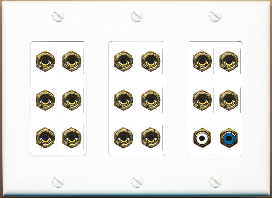 RiteAV 8.1 Surround Sound 8 Speaker 16 Banana Plug Jack Wall Plate w/2 RCA Subwoofer Female Connector - 3 Gang [White]