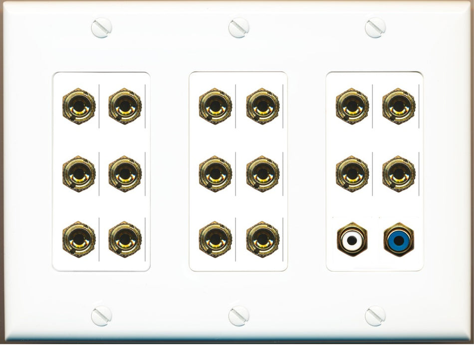 RiteAV 8.1 Surround Sound 8 Speaker 16 Banana Plug Jack Wall Plate w/2 RCA Subwoofer Female Connector - 3 Gang [White]