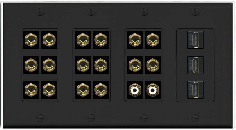 RiteAV 8.2 Surround Sound 8 Speaker 16 Banana Plug Jack Wall Plate w/ 2 RCA Subwoofer + 3 HDMI Female Connectors - 4 Gang [Black]