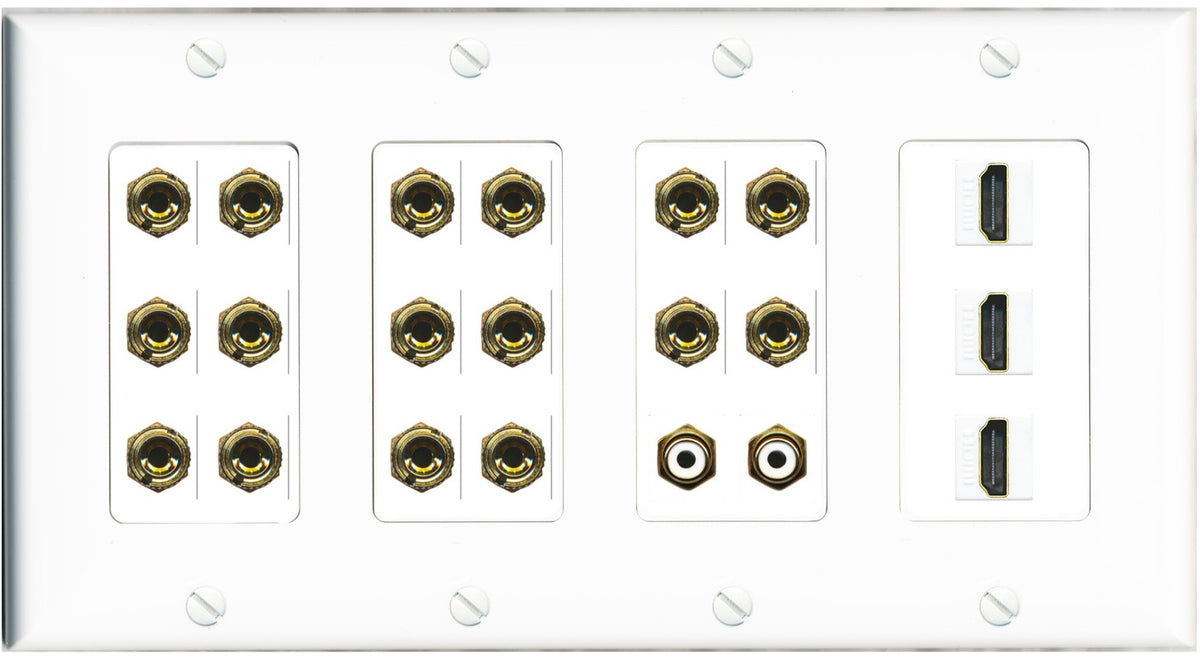 RiteAV 8.2 Surround Sound 8 Speaker 16 Banana Plug Jack Wall Plate w/ 2 RCA Subwoofer + 3 HDMI Female Connectors - 4 Gang [White]