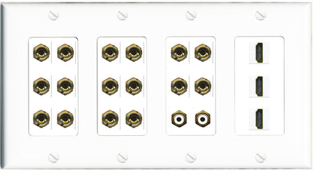 RiteAV 8.2 Surround Sound 8 Speaker 16 Banana Plug Jack Wall Plate w/ 2 RCA Subwoofer + 3 HDMI Female Connectors - 4 Gang [White]