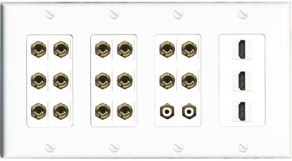 RiteAV 8.2 Surround Sound 8 Speaker 16 Banana Plug Jack Wall Plate w/ 2 RCA Subwoofer + 3 HDMI Female Connectors - 4 Gang [White]