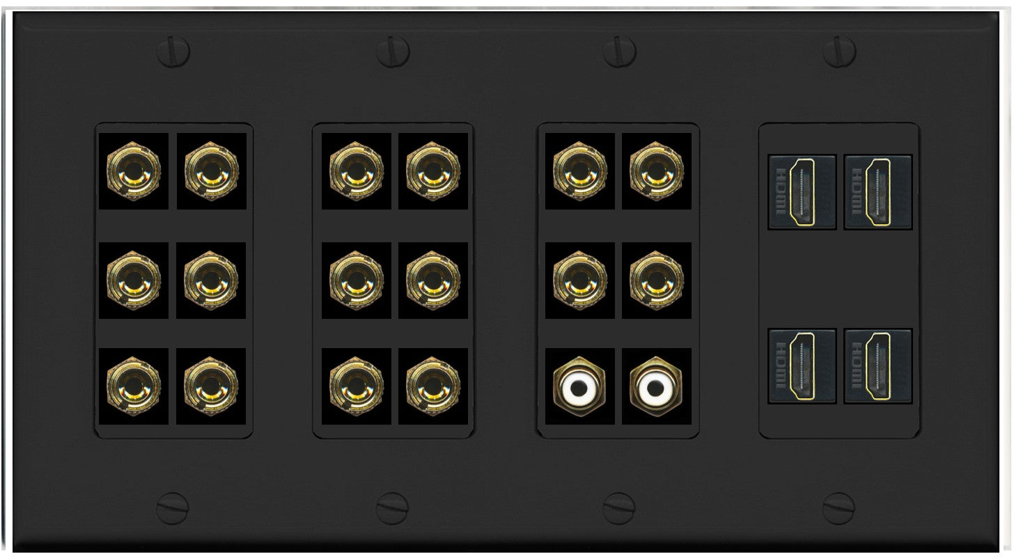 RiteAV 8.2 Surround Sound 8 Speaker 16 Banana Plug Jack Wall Plate w/ 2 RCA Subwoofer + 4 HDMI Female Connectors - 4 Gang [Black]