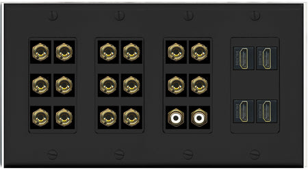 RiteAV 8.2 Surround Sound 8 Speaker 16 Banana Plug Jack Wall Plate w/ 2 RCA Subwoofer + 4 HDMI Female Connectors - 4 Gang [Black]