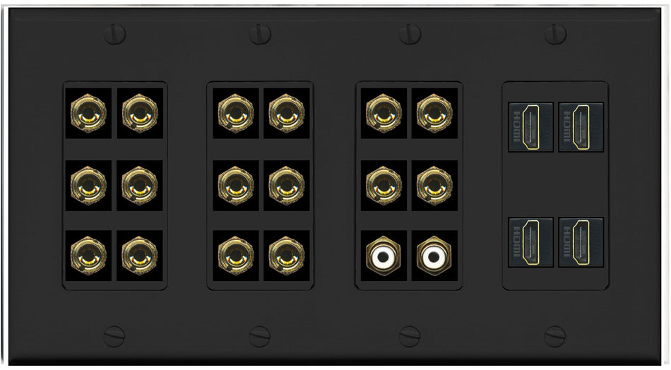 RiteAV 8.2 Surround Sound 8 Speaker 16 Banana Plug Jack Wall Plate w/ 2 RCA Subwoofer + 4 HDMI Female Connectors - 4 Gang [Black]