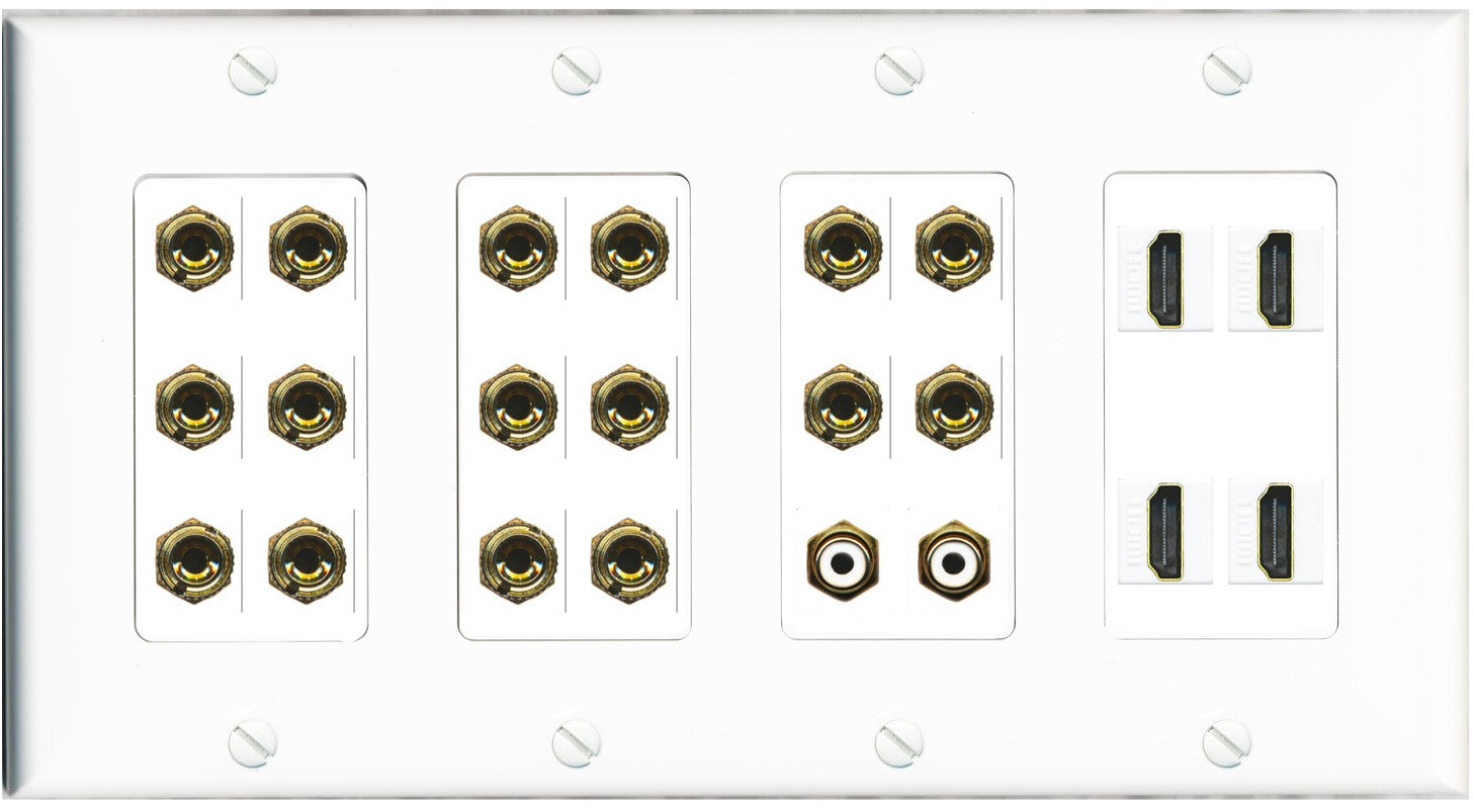 RiteAV 8.2 Surround Sound 8 Speaker 16 Banana Plug Jack Wall Plate w/ 2 RCA Subwoofer + 4 HDMI Female Connectors - 4 Gang [White]