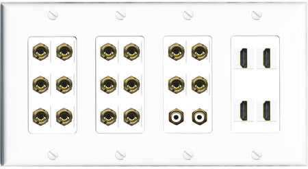 RiteAV 8.2 Surround Sound 8 Speaker 16 Banana Plug Jack Wall Plate w/ 2 RCA Subwoofer + 4 HDMI Female Connectors - 4 Gang [White]