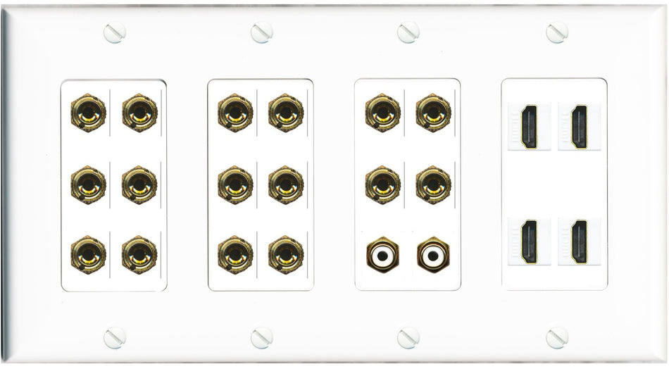 RiteAV 8.2 Surround Sound 8 Speaker 16 Banana Plug Jack Wall Plate w/ 2 RCA Subwoofer + 4 HDMI Female Connectors - 4 Gang [White]