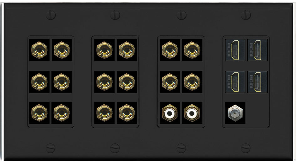 RiteAV 8.2 Surround Sound 8 Speaker 16 Banana Plug Jack Wall Plate w/ 2 RCA Subwoofer + 4 HDMI Coax Jacks - 4 Gang [Black]