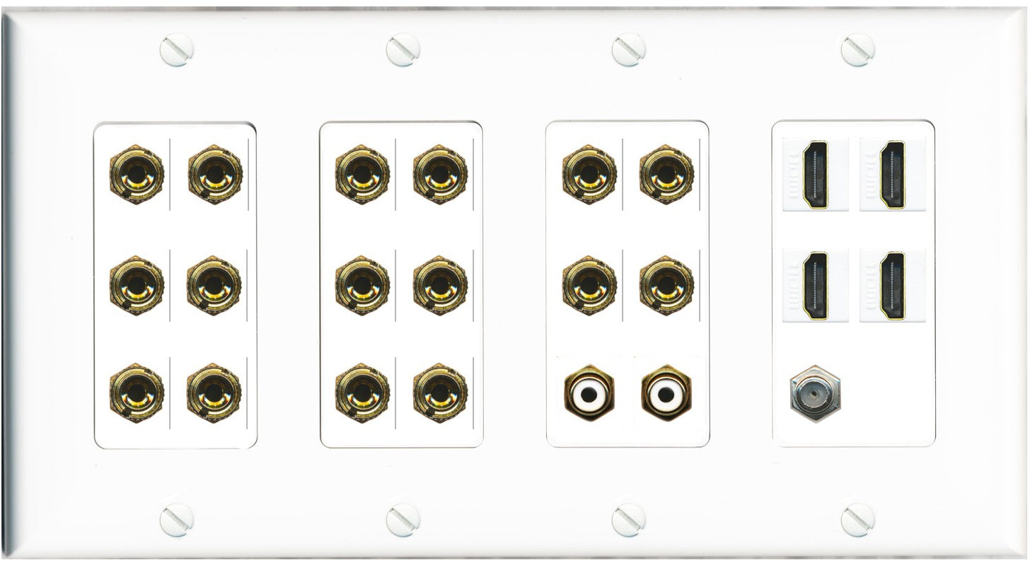 RiteAV 8.2 Surround Sound 8 Speaker 16 Banana Plug Jack Wall Plate w/ 2 RCA Subwoofer + 4 HDMI Coax Jacks - 4 Gang [White]
