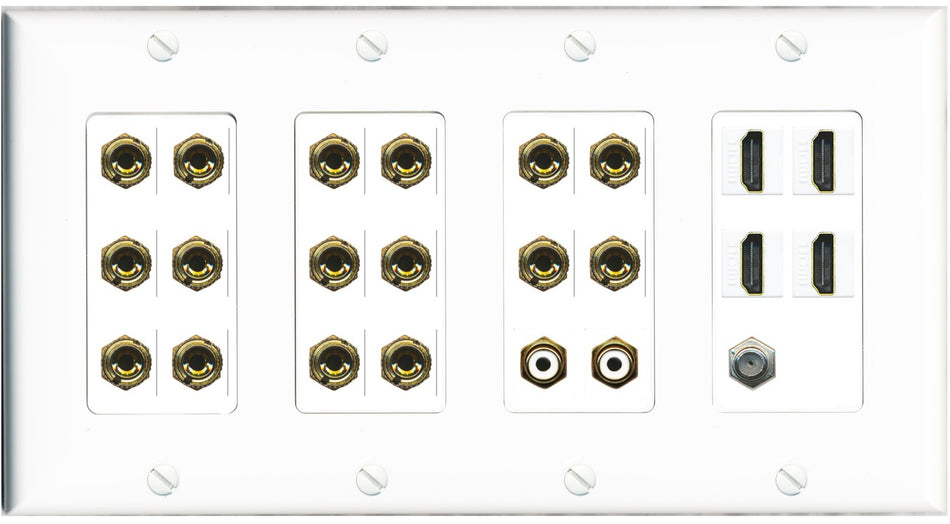 RiteAV 8.2 Surround Sound 8 Speaker 16 Banana Plug Jack Wall Plate w/ 2 RCA Subwoofer + 4 HDMI Coax Jacks - 4 Gang [White]