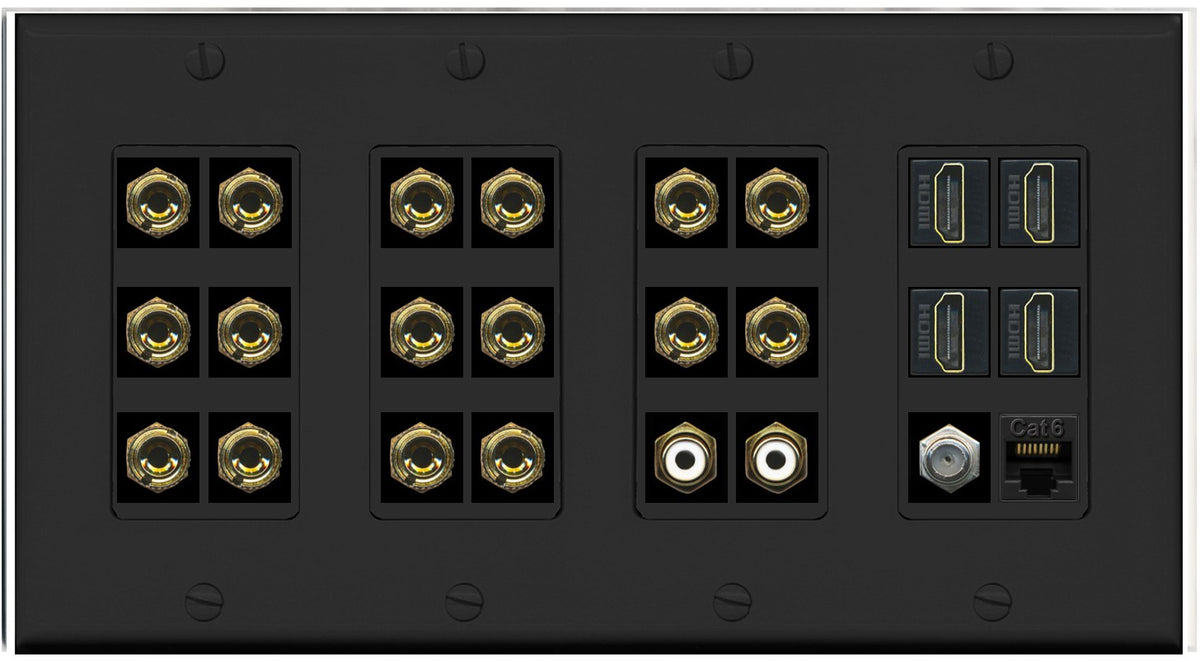 RiteAV 8.2 Surround Sound 8 Speaker 16 Banana Plug Jack Wall Plate w/ 2 RCA Subwoofer + 4 HDMI Coax Cat6 Jacks - 4 Gang [Black]