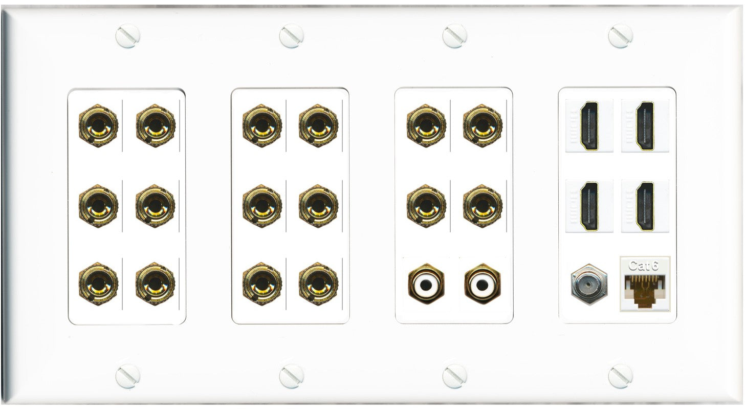 RiteAV 8.2 Surround Sound 8 Speaker 16 Banana Plug Jack Wall Plate w/ 2 RCA Subwoofer + 4 HDMI Coax Cat6 Jacks - 4 Gang [White]
