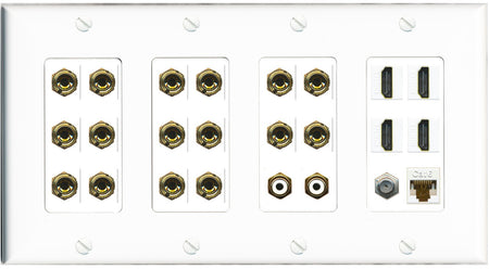 RiteAV 8.2 Surround Sound 8 Speaker 16 Banana Plug Jack Wall Plate w/ 2 RCA Subwoofer + 4 HDMI Coax Cat6 Jacks - 4 Gang [White]